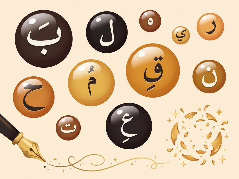 Bulles contenant des lettres arabes qui éclatent, avec une plume