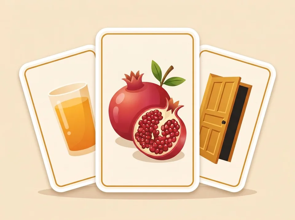 Cartes de vocabulaire illustrées : un jus, une grenade, une porte
